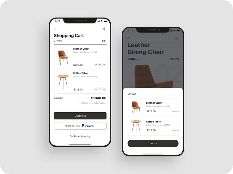 Mobile shopping app displaying a shopping cart with item details, quantity controls, and checkout options on two smartphone screens