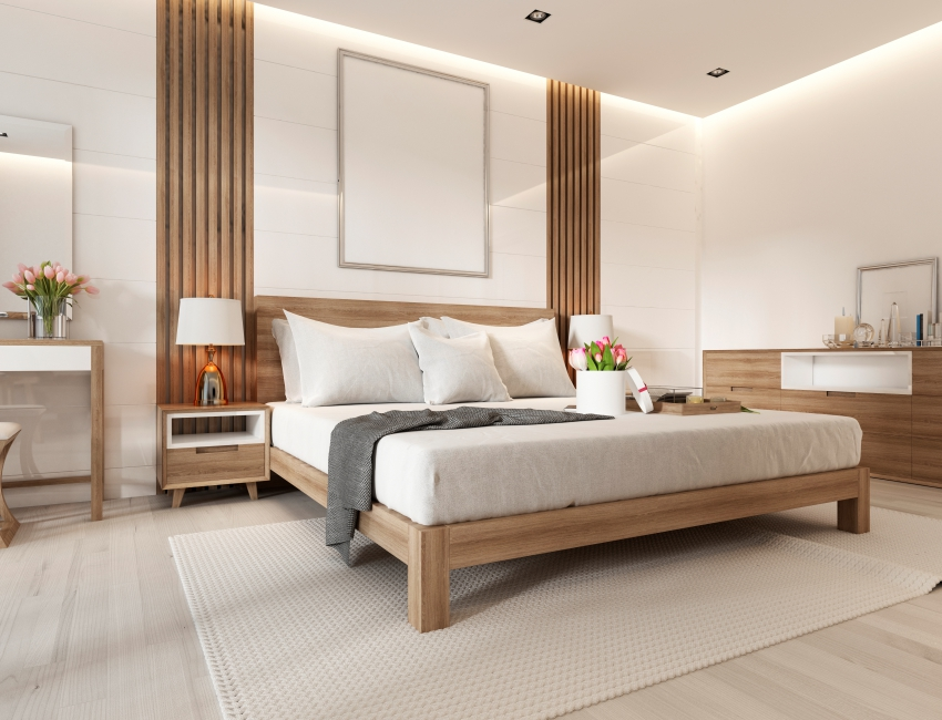 Peaceful bedroom with beige, cream, and light brown tones following Vastu principles for relaxation