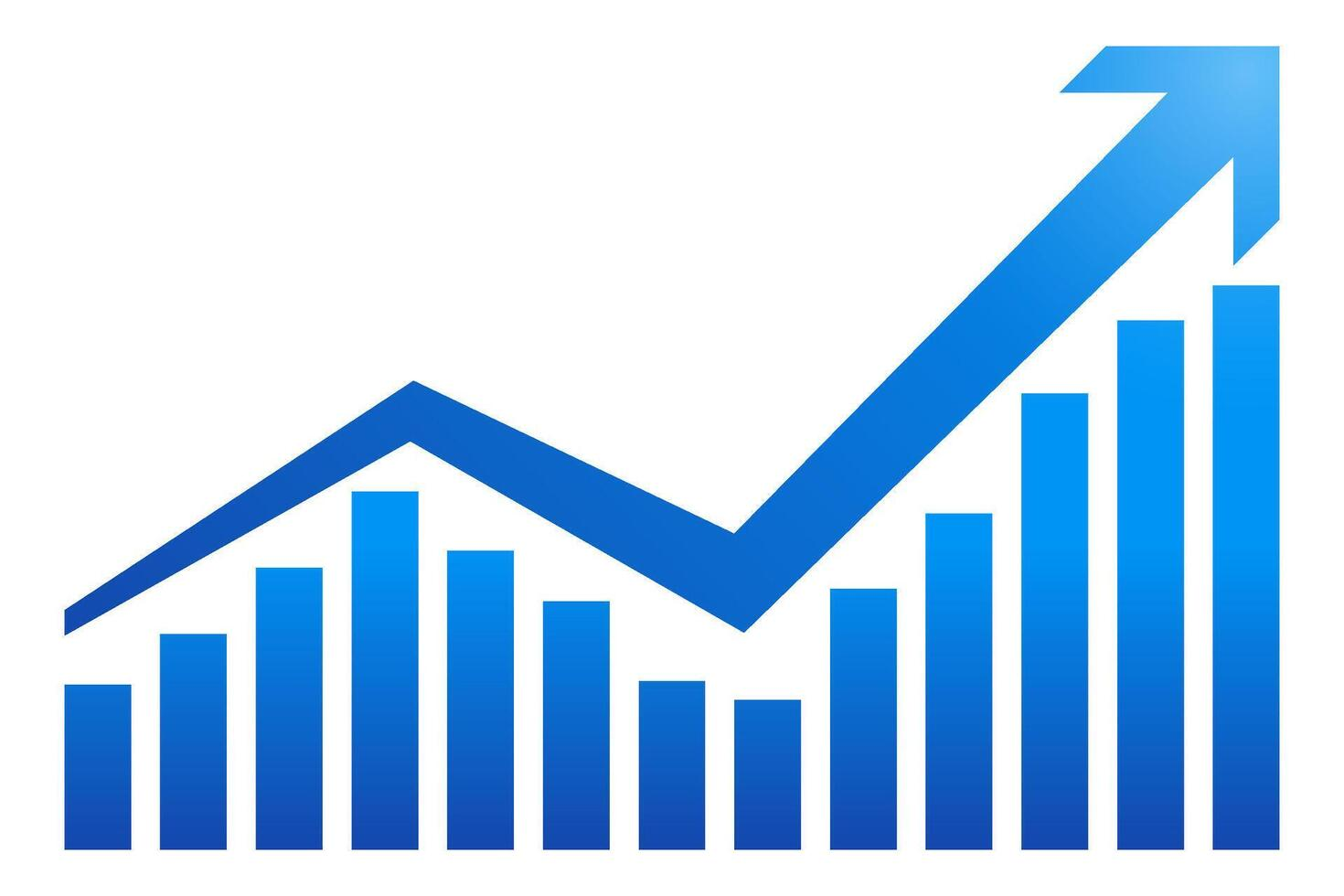 Financial chart with bars and an upward arrow showing growth trend