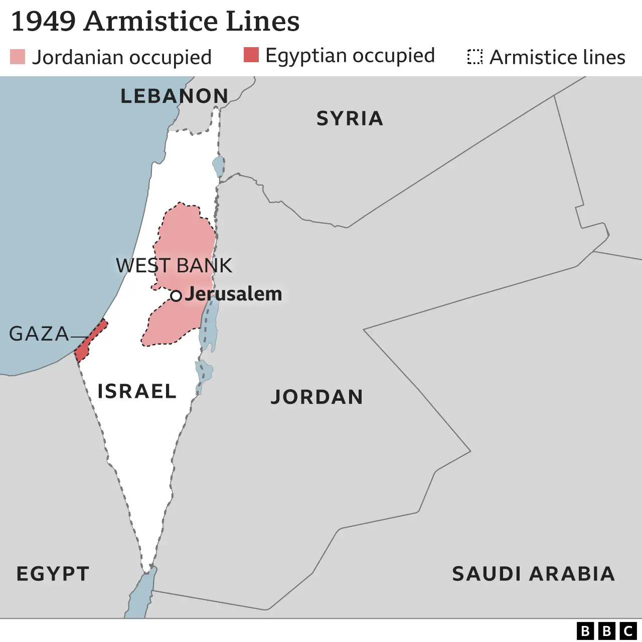 Map showing the 1949 armistice lines and the Jordanian and Egyptian occupied territories in the West Bank and Gaza regions, providing historical context to the Israel-Palestine conflict