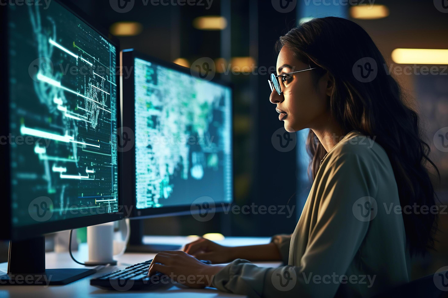 Young woman working intensely on AI software with dual monitors in a professional tech environment