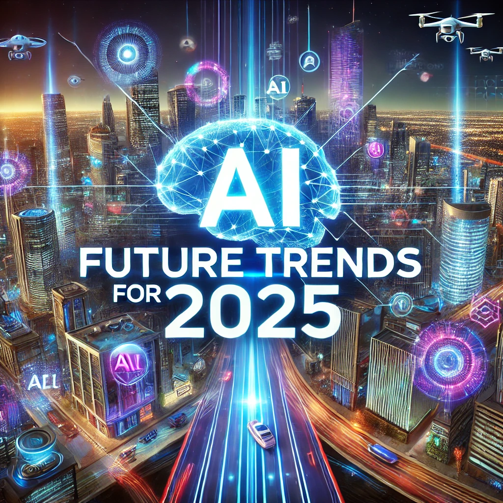 Futuristic cityscape illustrating AI future trends for 2025 with digital brain and advanced technology elements