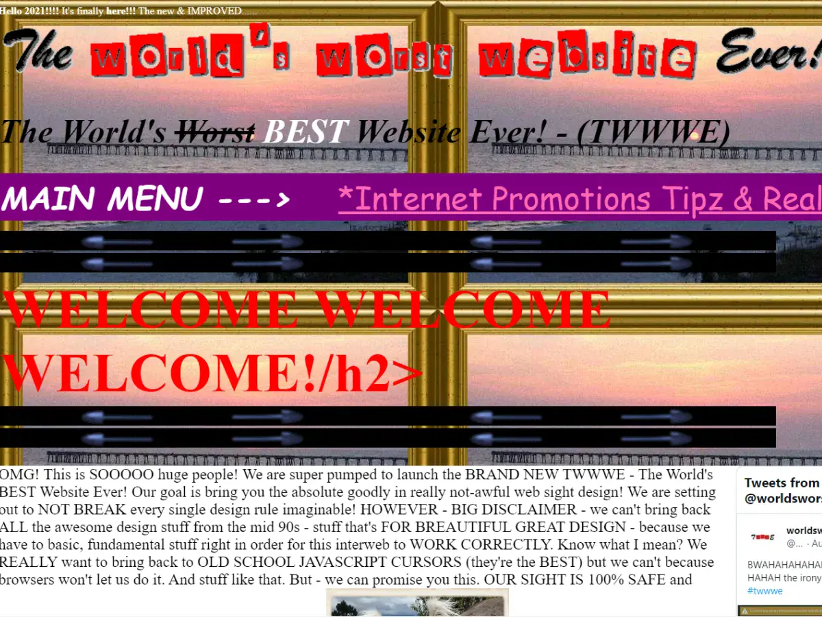 An example of a 1990s website with poor design, cluttered visuals, and bad user experience