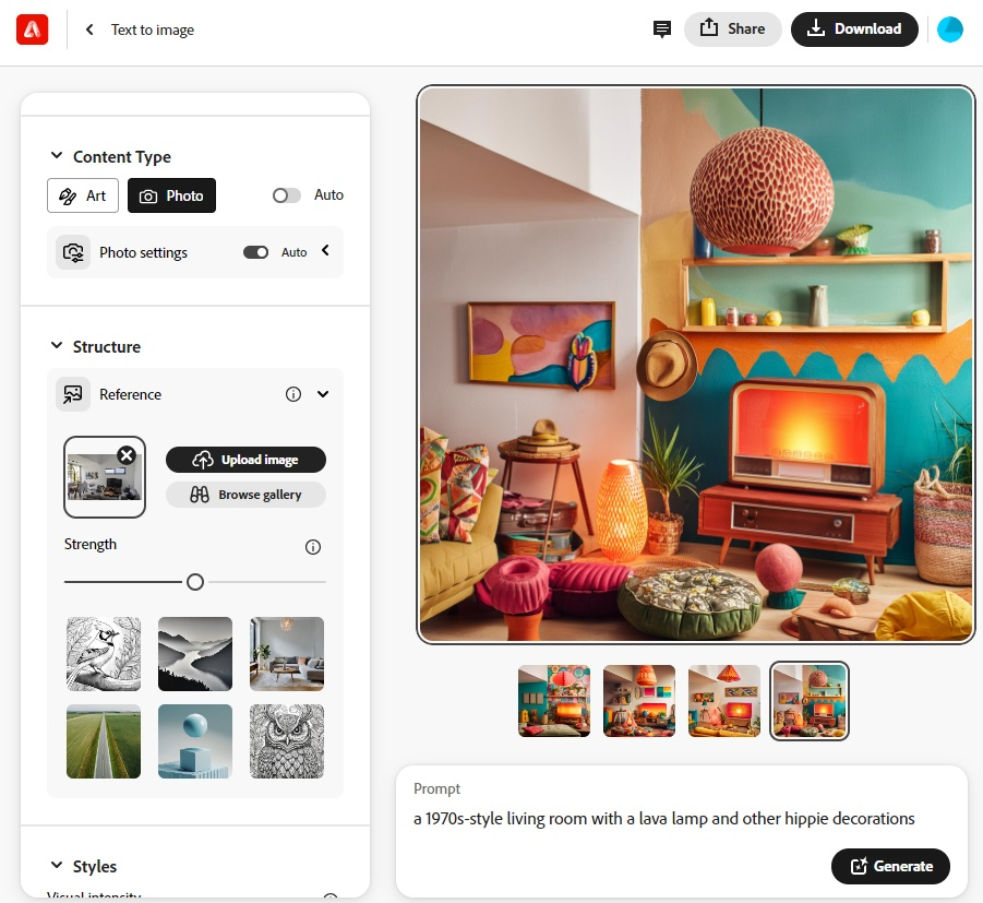 Screenshot of Adobe Firefly 3 Text to Image interface generating a 1970s-style living room image based on a text prompt