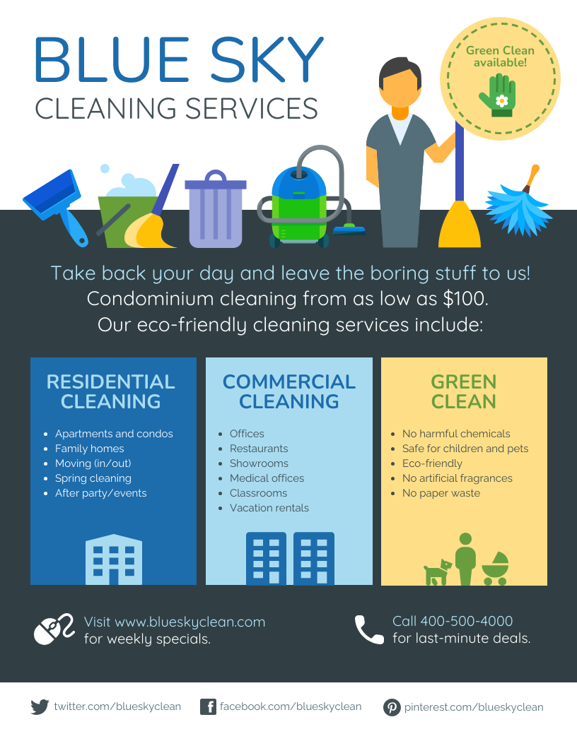 Example of a simple and colorful cleaning services flyer using clear sections, concise messages, and attractive visuals to capture attention.