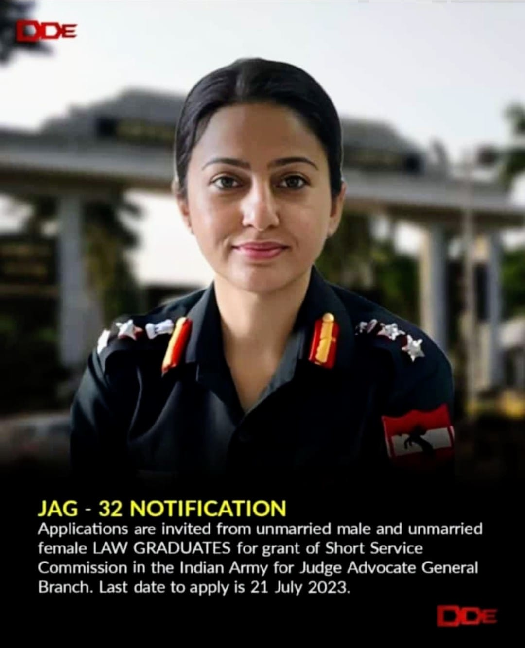 Indian Army JAG branch invites applications from unmarried law graduates for Short Service Commission with a deadline of 21 July 2023