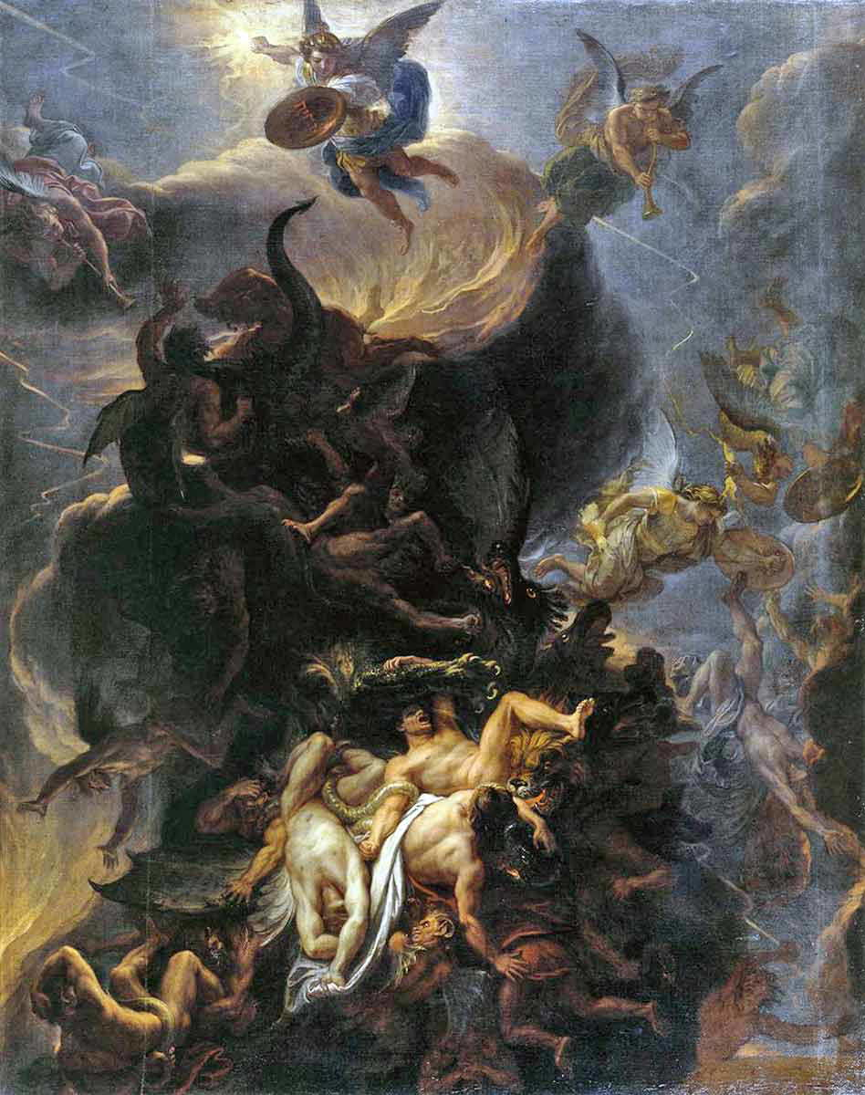 Classic painting depicting the fallen angels' descent as described in the Book of Enoch's Watchers narrative.