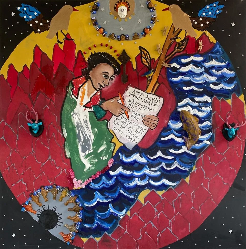 Enoch depicted writing a petition concerning the Watchers, surrounded by symbolic elements including mountains, water, fish, birds, and celestial motifs.