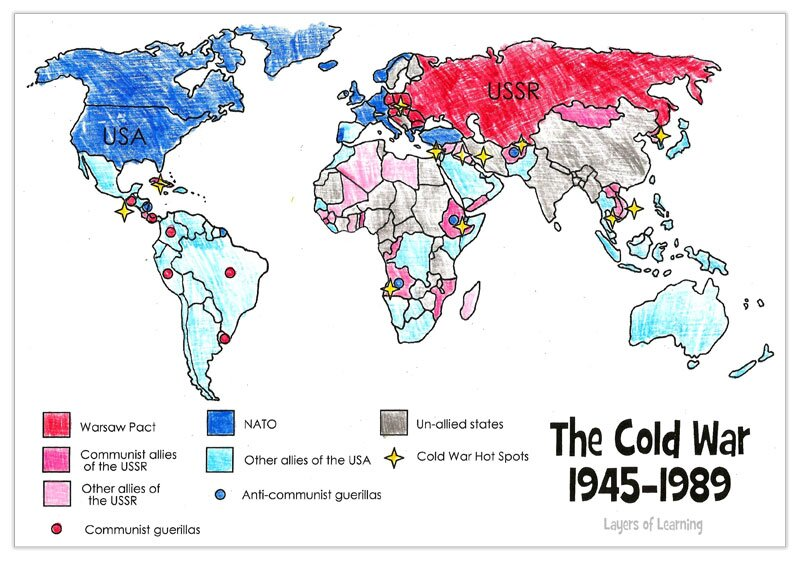Cold War world map showing geopolitical alliances and hot spots between the USA and USSR from 1945 to 1989.