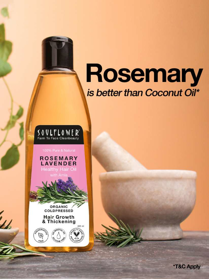 Soulflower Rosemary Lavender Healthy Hair Oil promotes hair growth and thickening, highlighting rosemary as a beneficial ingredient over coconut oil