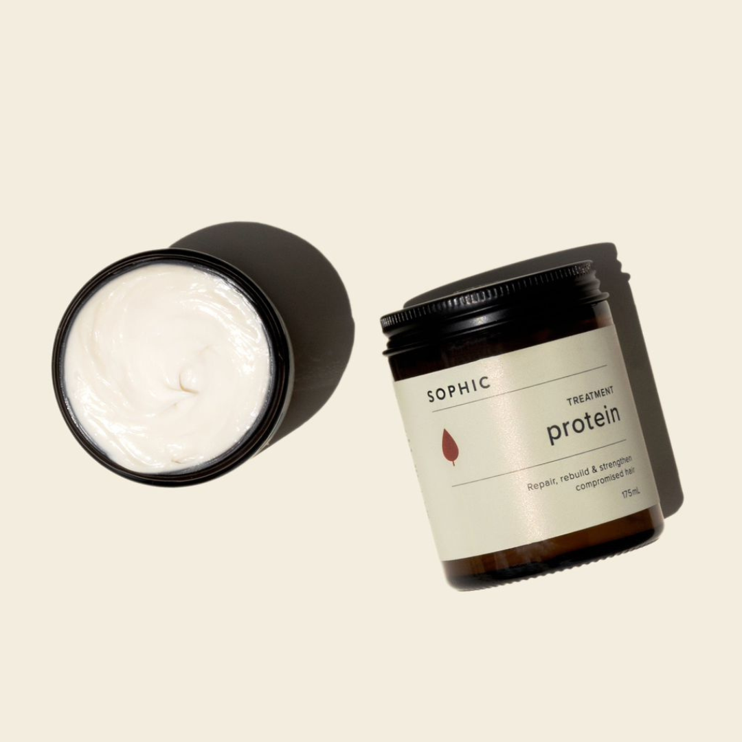 SOPHIC protein hair mask treatment designed to repair, rebuild, and strengthen damaged hair