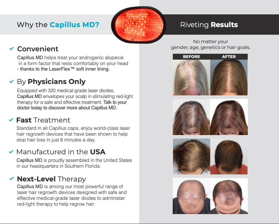 Capillus MD low level laser therapy device shows effective hair regrowth results with convenient, physician-only treatment for androgenic alopecia