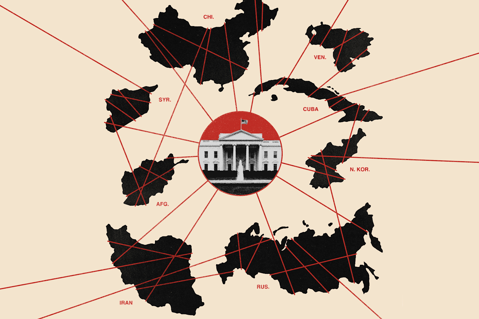 White House connected to multiple countries symbolizing U.S. economic sanctions and geopolitical influence