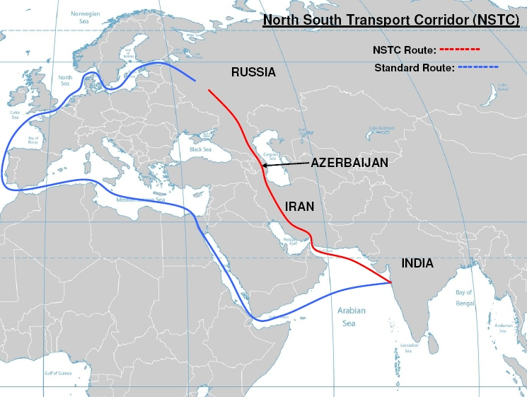 Map of the International North–South Transport Corridor (INSTC) showing the strategic route through Iran, Azerbaijan, and Russia connecting India to Northern Europe