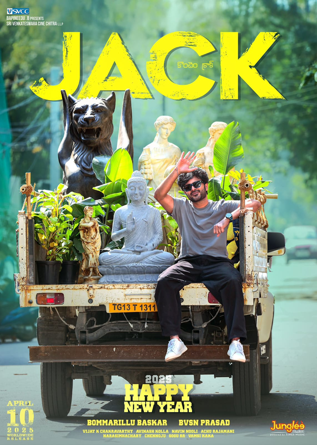 Promotional poster for the Telugu movie "Jack" set for worldwide release on April 10, 2025, featuring statues and a man on a vehicle