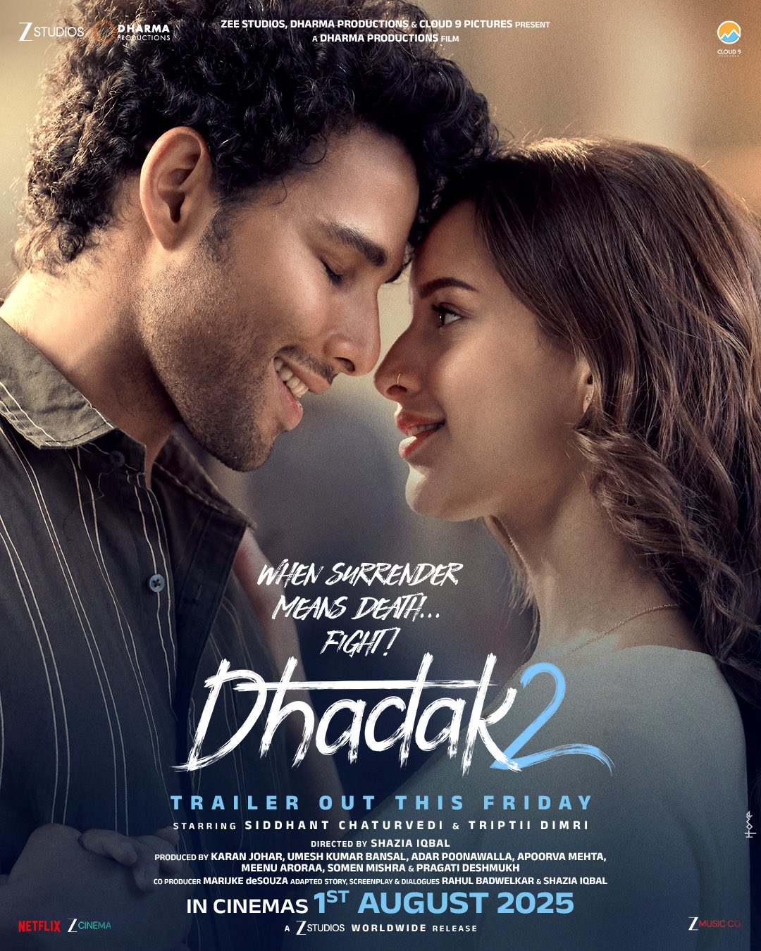 Movie poster of Dhadak 2 featuring lead actors Siddhant Chaturvedi and Triptii Dimri with a release date set for 1st August 2025