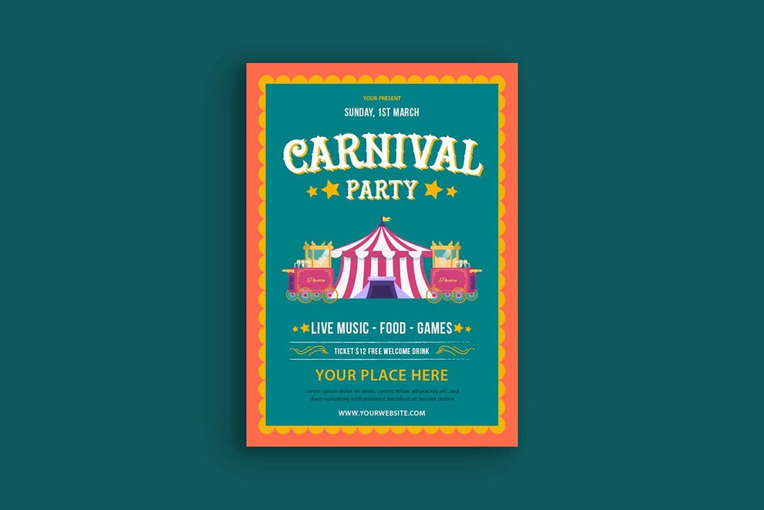 A colorful carnival party poster demonstrating effective use of color contrast and font hierarchy to attract attention at events.