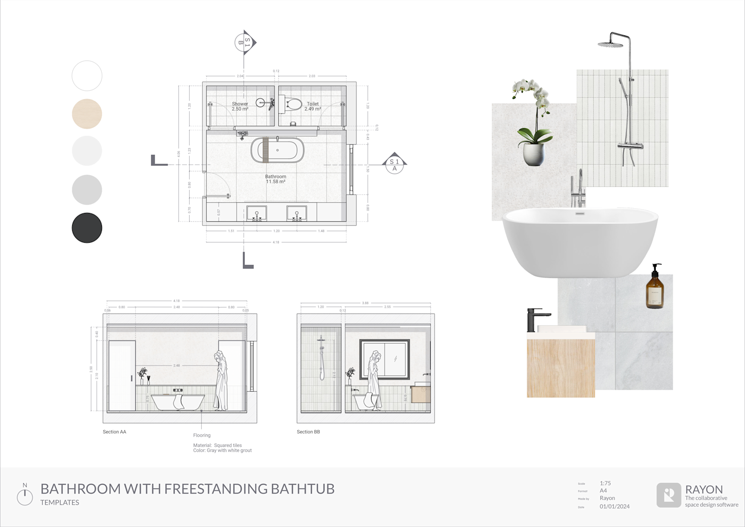 Bathroom CAD layout plan showing installation placement of sanitary fixtures including shower, toilet, and freestanding bathtub with accompanying elevations and material samples