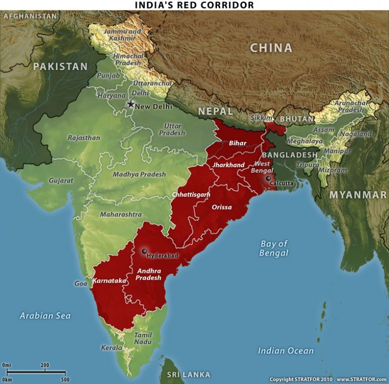 Map showing India's Red Corridor which highlights states affected by Maoist insurgency in dark red