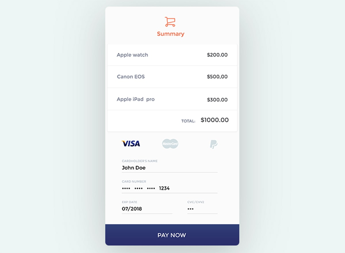 A mobile checkout screen with item summary, payment info fields, and a 'Pay Now' button designed for vertical mobile use