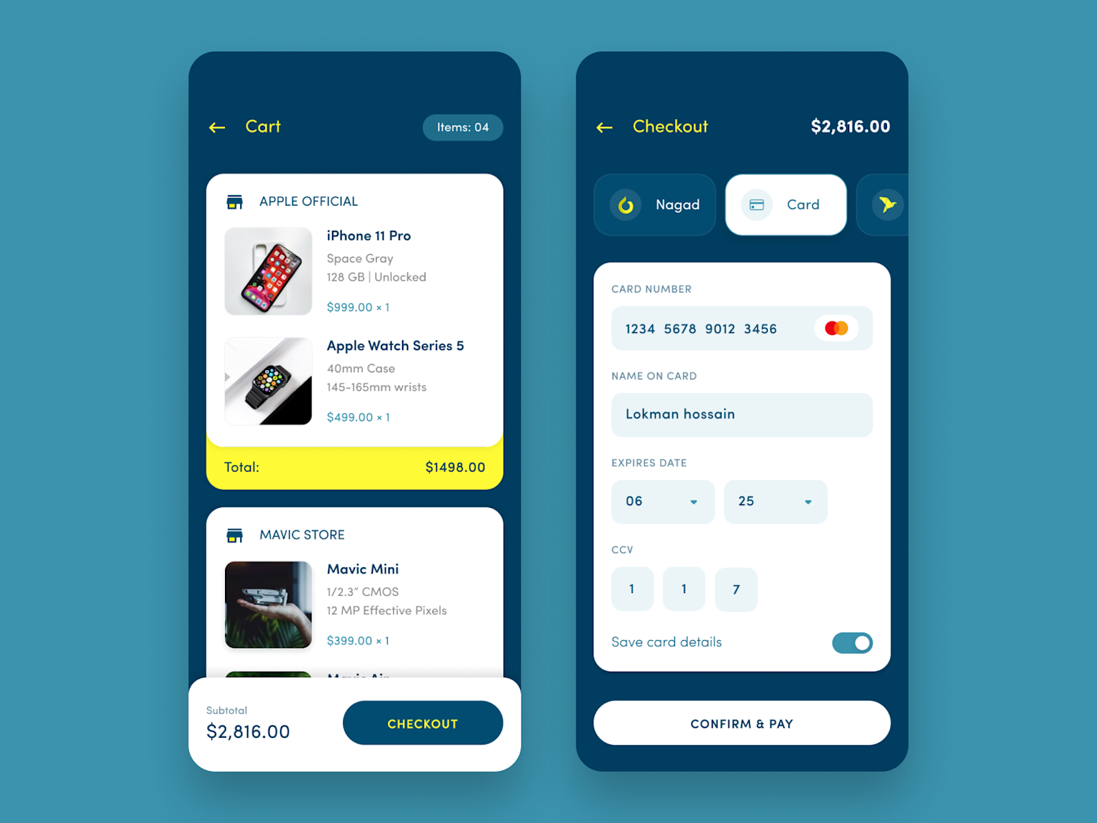 Mobile e-commerce app cart and checkout screens showing product listings and payment form designed for vertical mobile display
