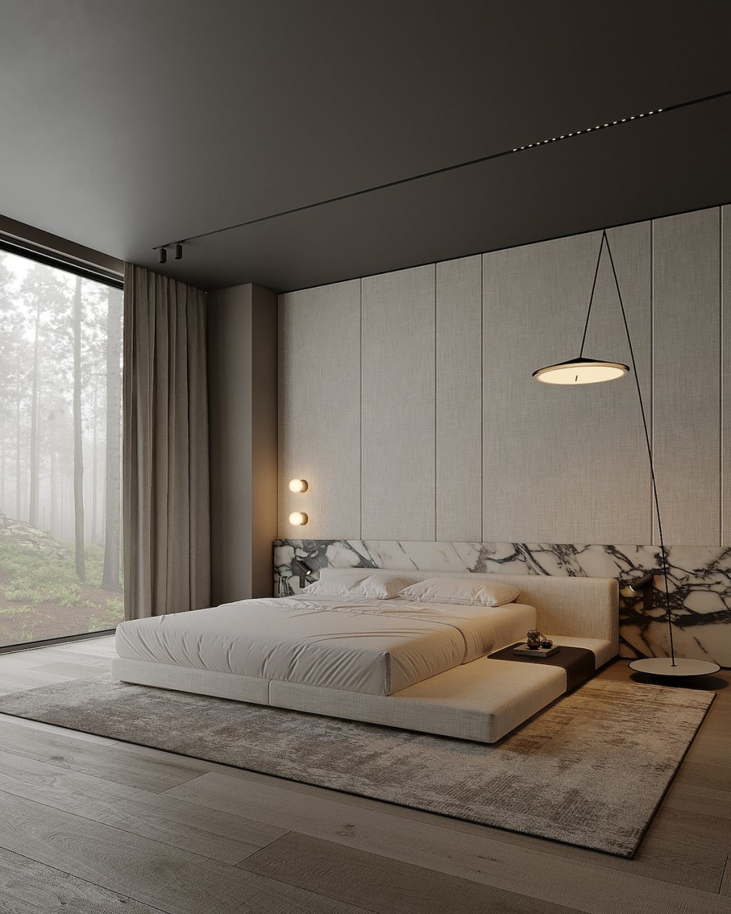Modern minimalist luxury villa bedroom featuring a low-profile bed, marble headboard, and large floor-to-ceiling windows with forest views