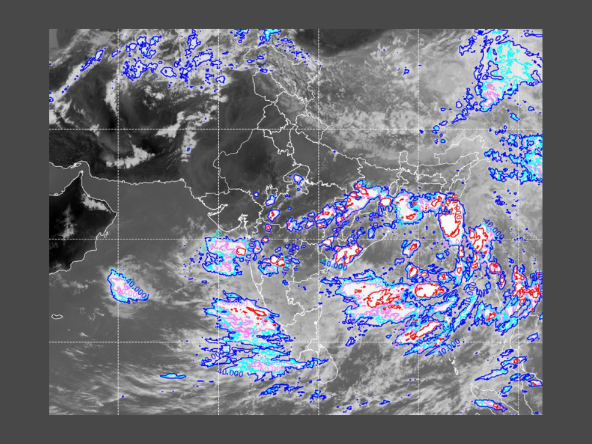 Satellite image showing monsoon cloud activity over Mumbai and the Arabian Sea with highlighted precipitation areas