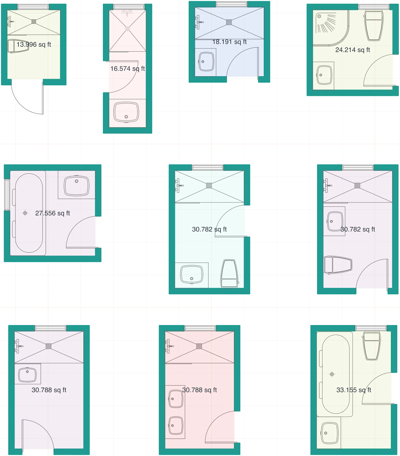 Various small bathroom fixture layout plans with area measurements for installation design reference