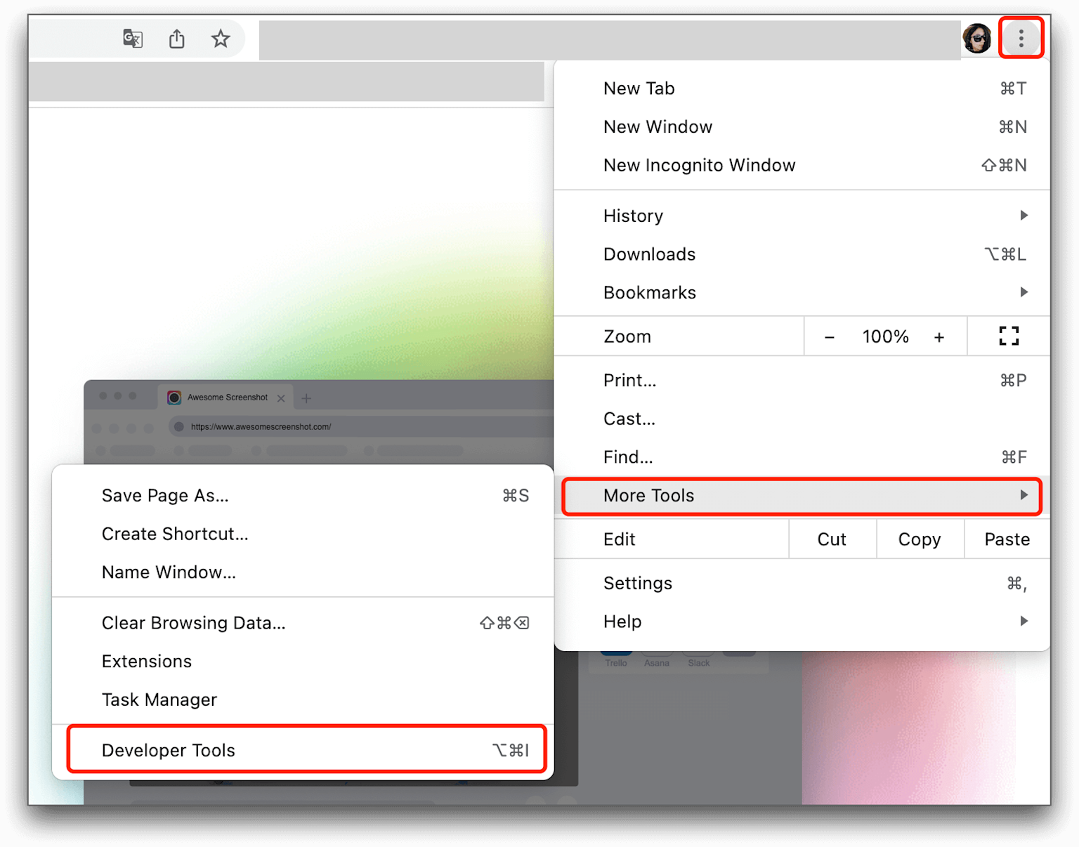 How to open Developer Tools in Google Chrome via More Tools menu for extension development.
