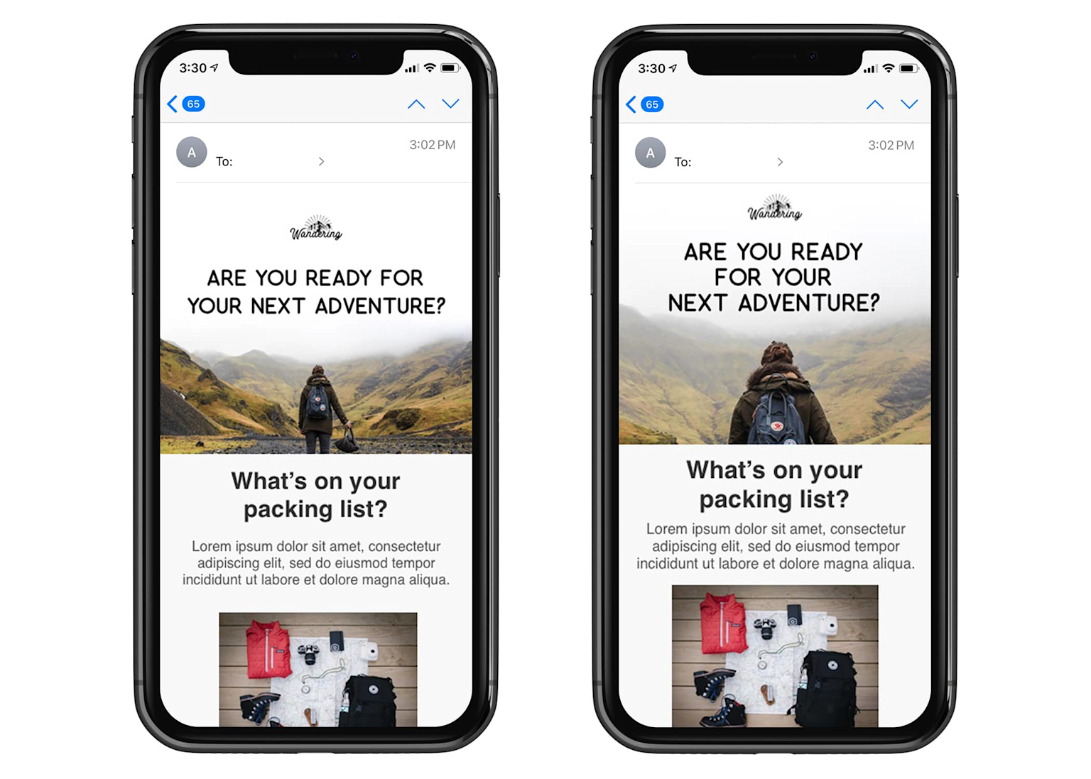 Side-by-side comparison of responsive email newsletter design on two smartphones showing different layout and image cropping for mobile screens.