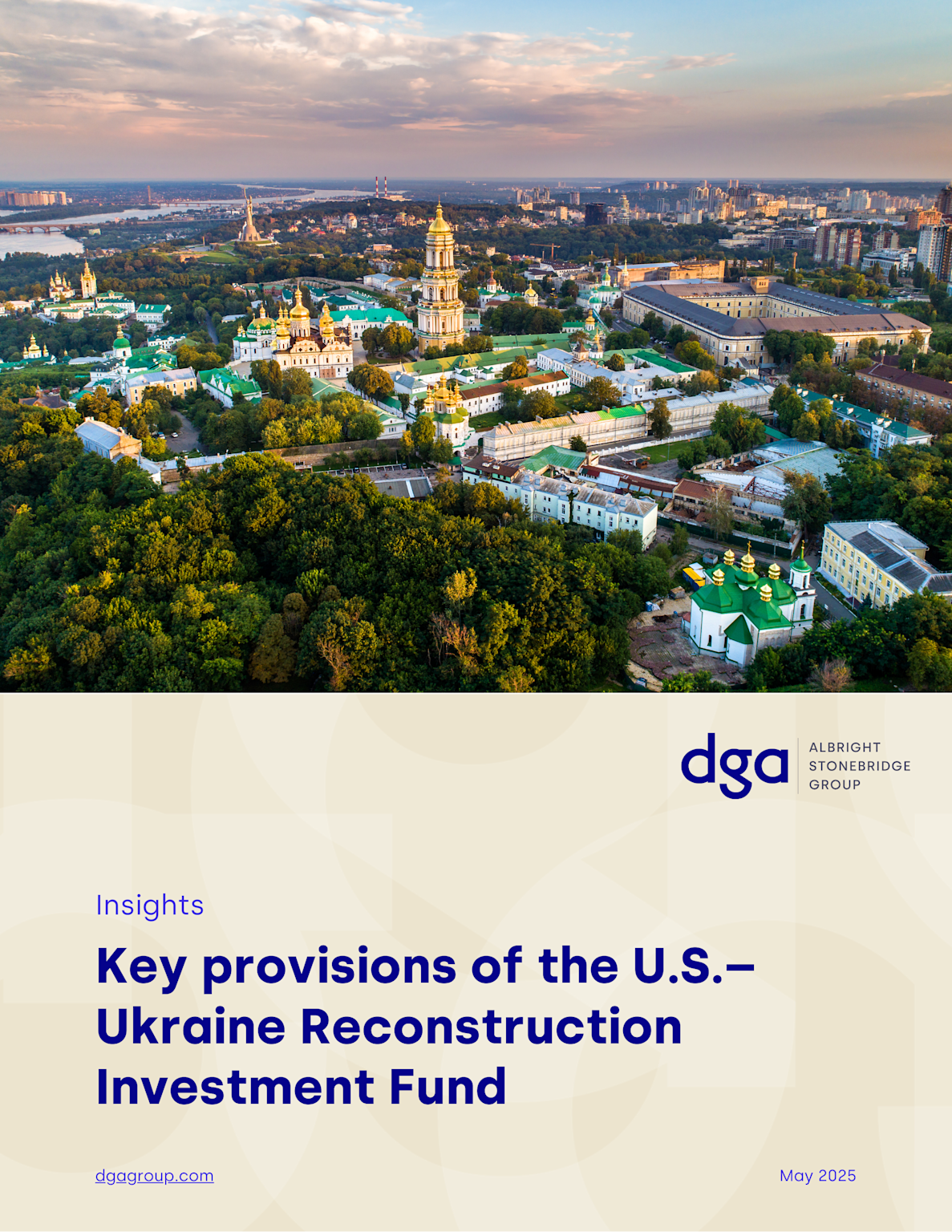 Aerial view of Kyiv with historic landmarks and text on U.S.–Ukraine Reconstruction Investment Fund provisions, May 2025