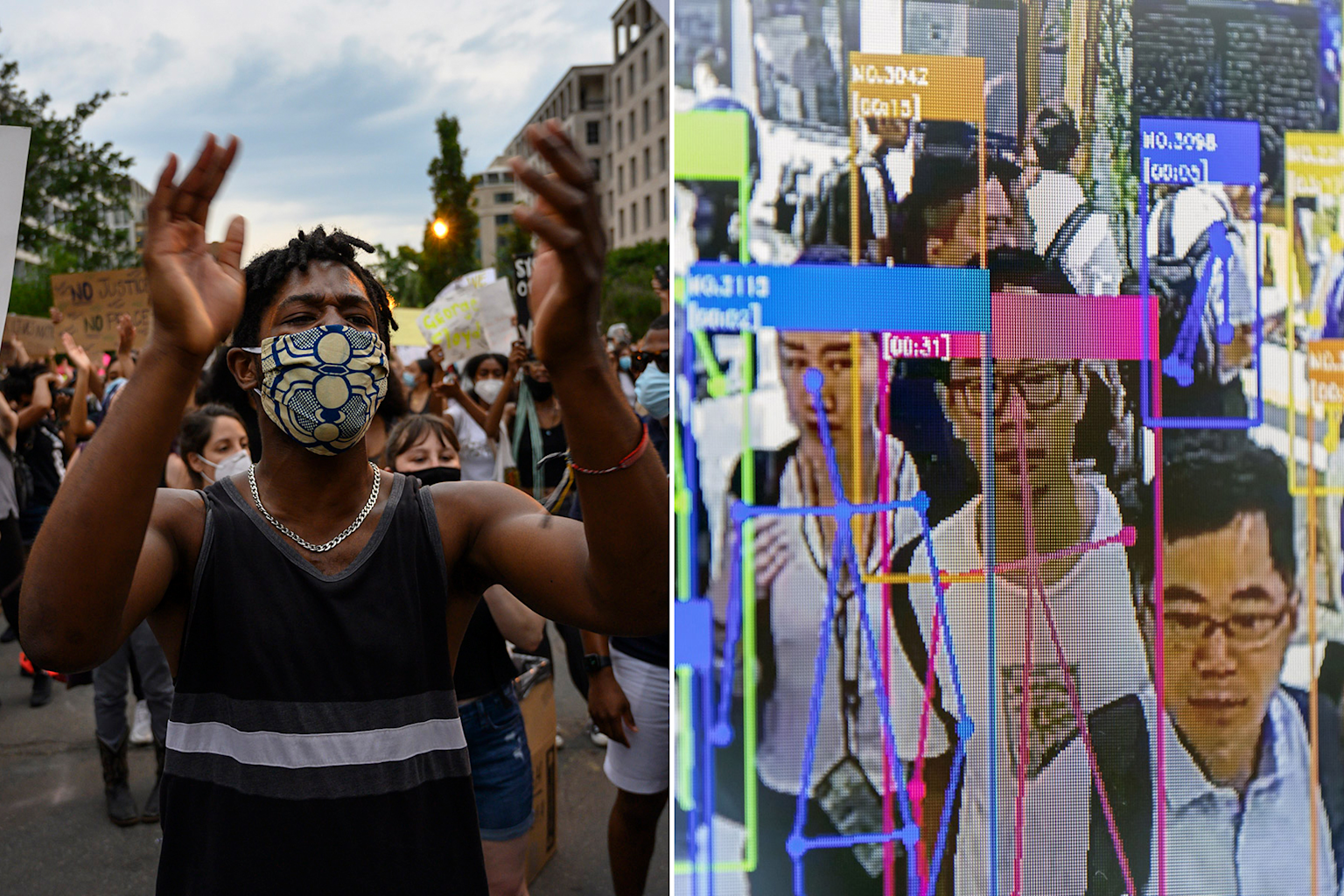 Protest crowd with facial recognition surveillance overlay highlighting AI monitoring technology