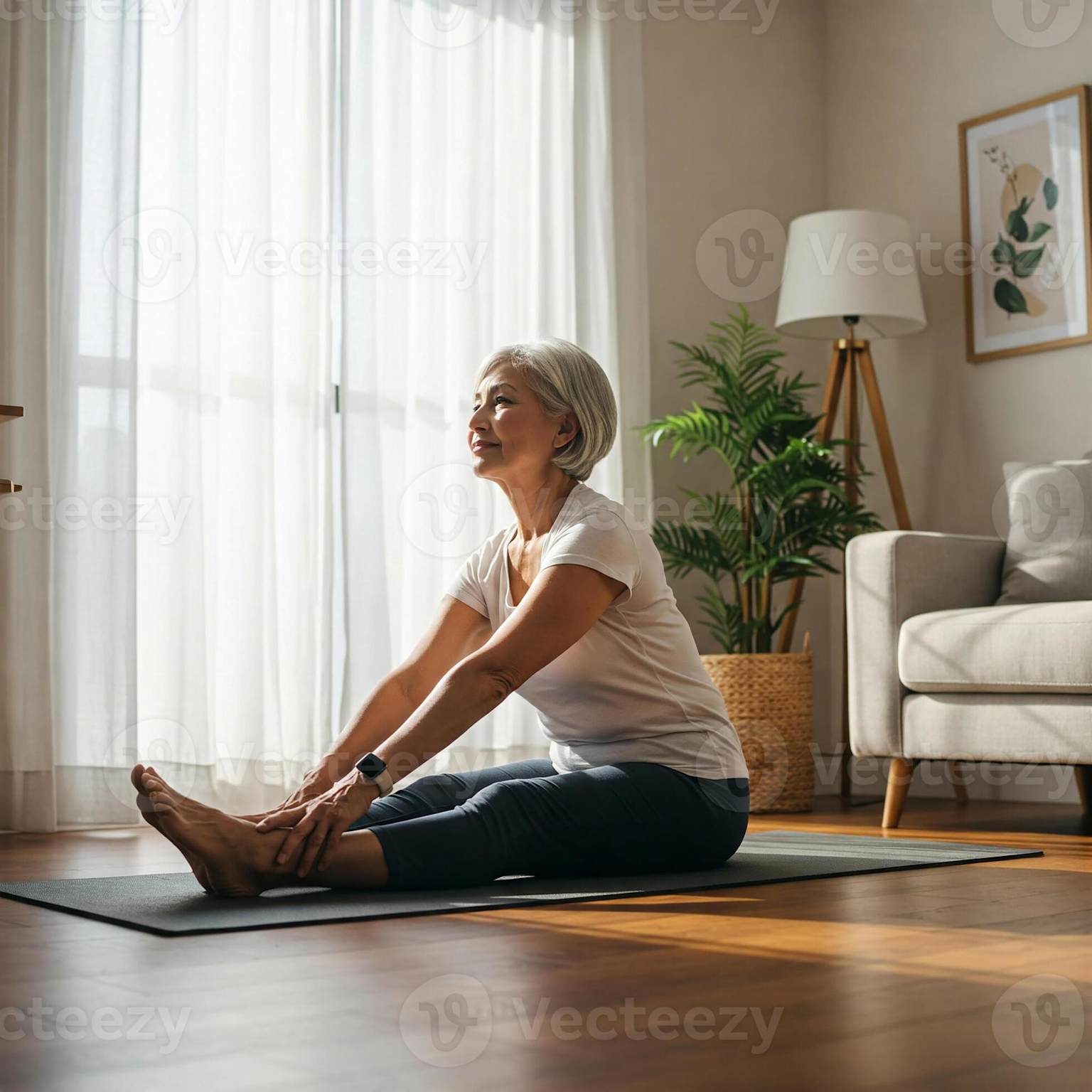 Senior woman practicing seated yoga stretch at home in a bright, modern living room