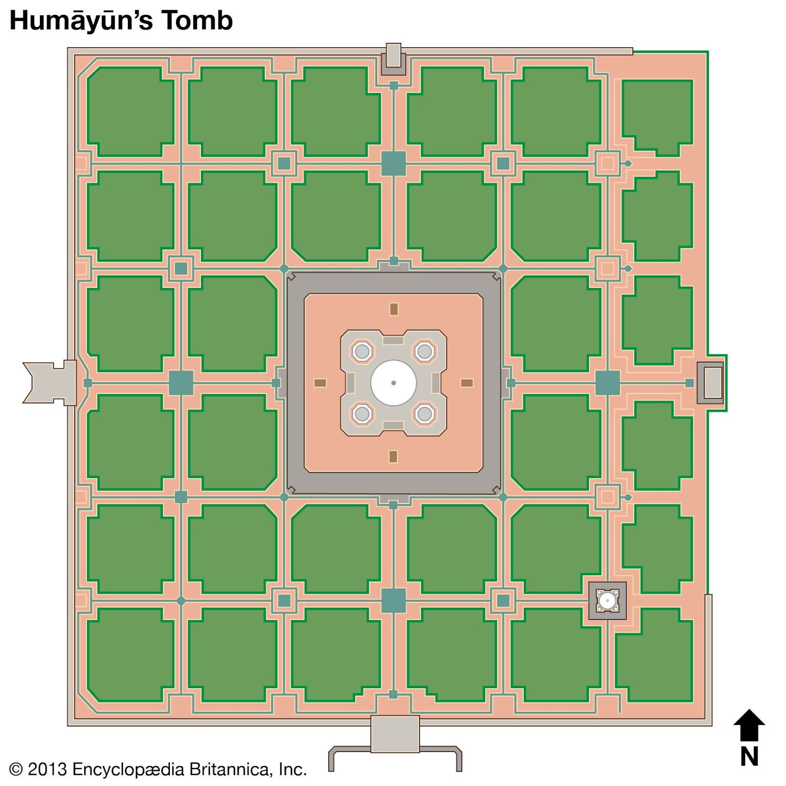 Floor plan of Humayun's Tomb with symmetrical features and gateways