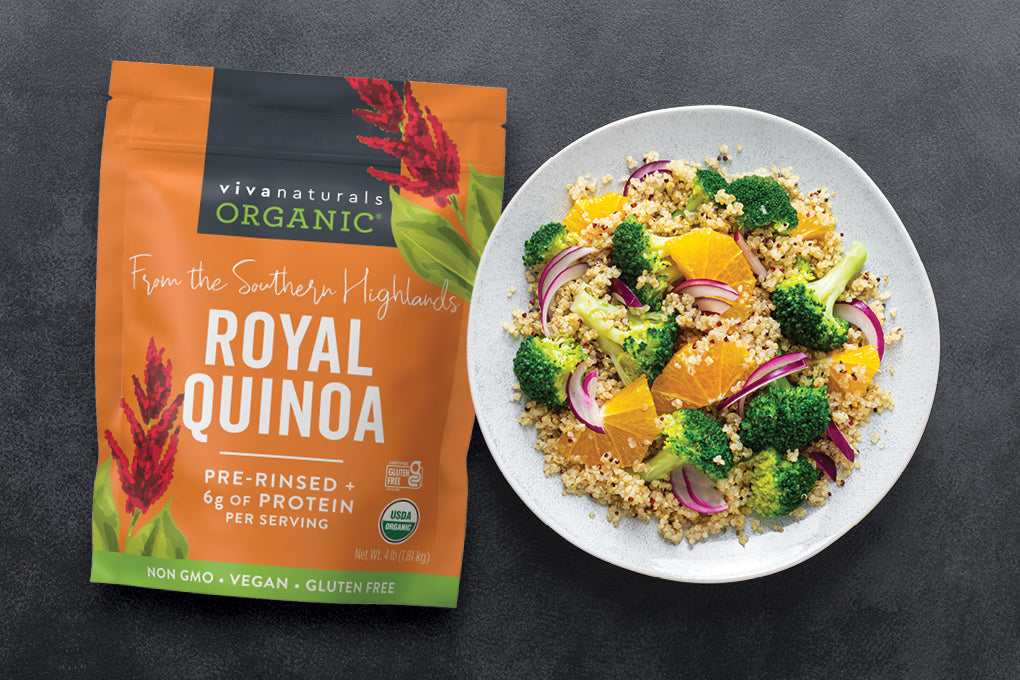 Organic royal quinoa and a quinoa salad with vegetables and fruits illustrating plant-based functional nutrition