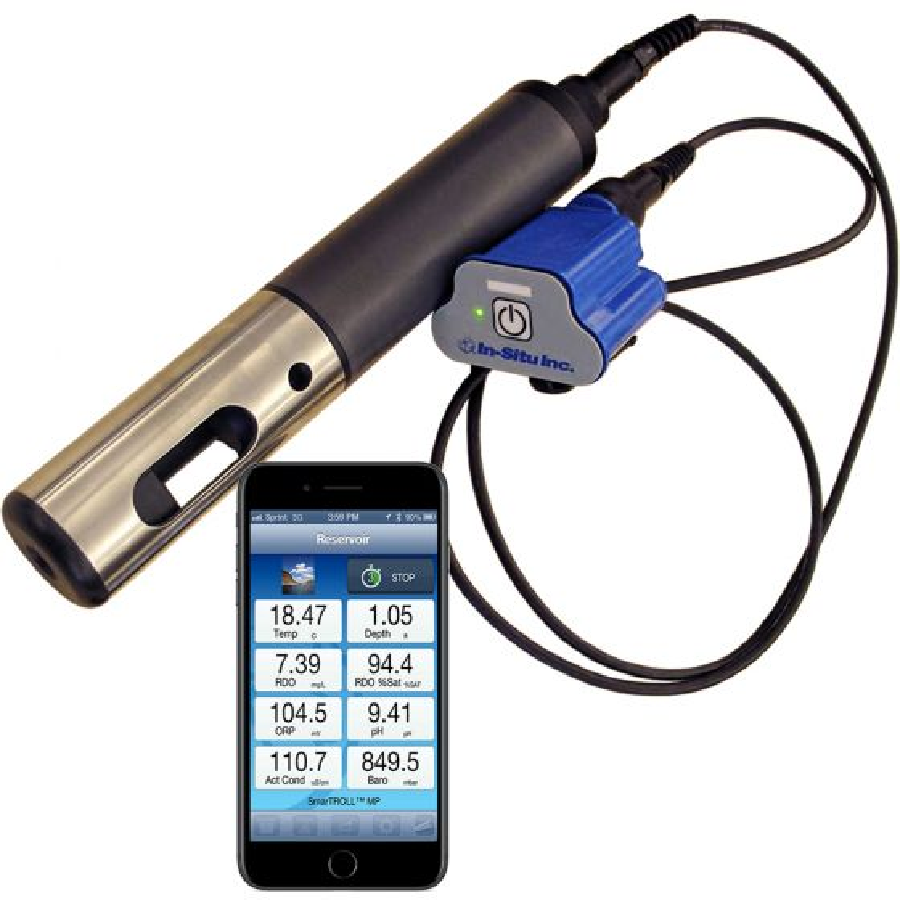 Multiparameter water quality monitoring meter with probe and smartphone display showing various water quality parameters like temperature, pH, dissolved oxygen, and more