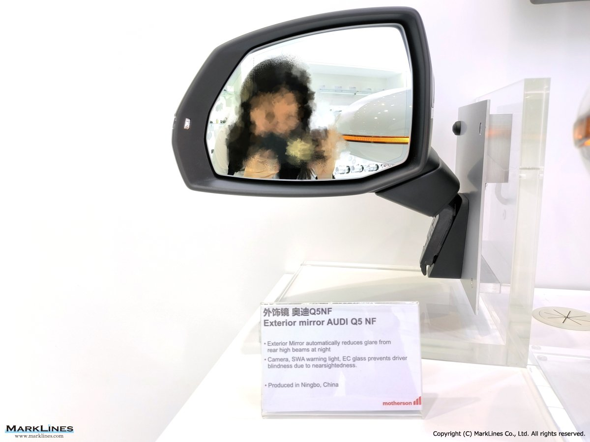 Exterior mirror of Audi Q5 NF with glare reduction and camera features by Motherson, produced in China