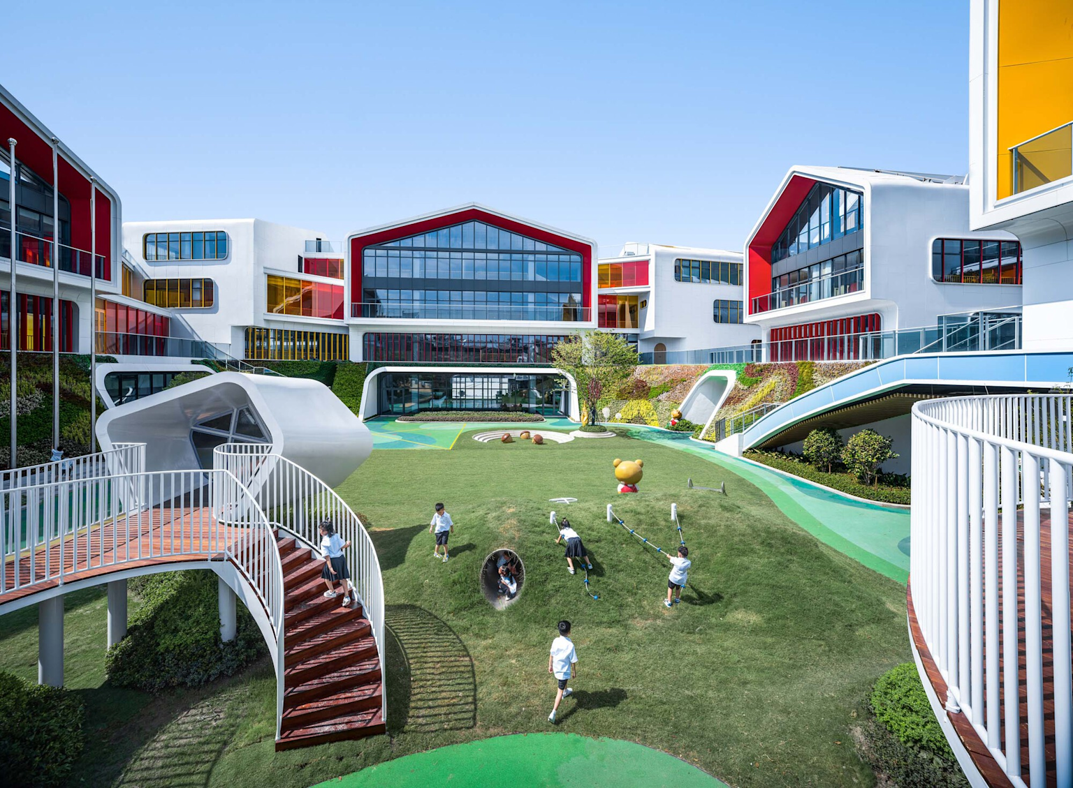 Modern preschool building with vibrant architecture