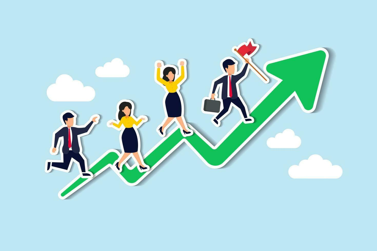 Business people moving upwards on a green arrow representing career success and business growth
