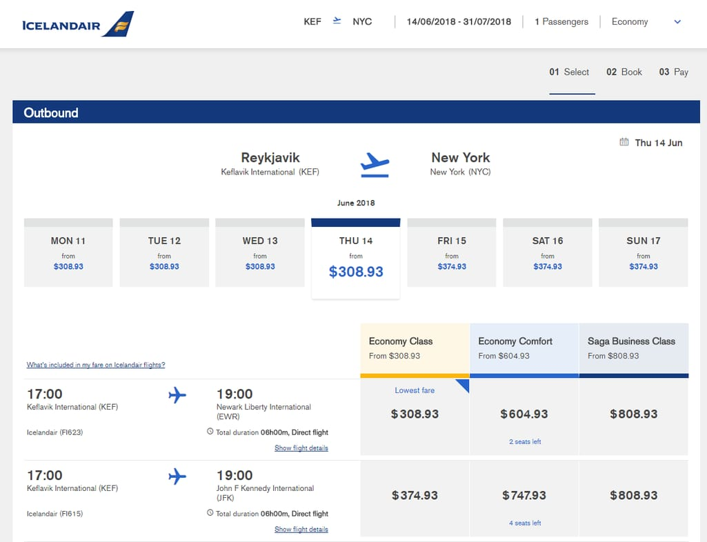 Flight booking interface from Icelandair showing comparison of flight dates, airports, and fare classes for international flights from Reykjavik to New York