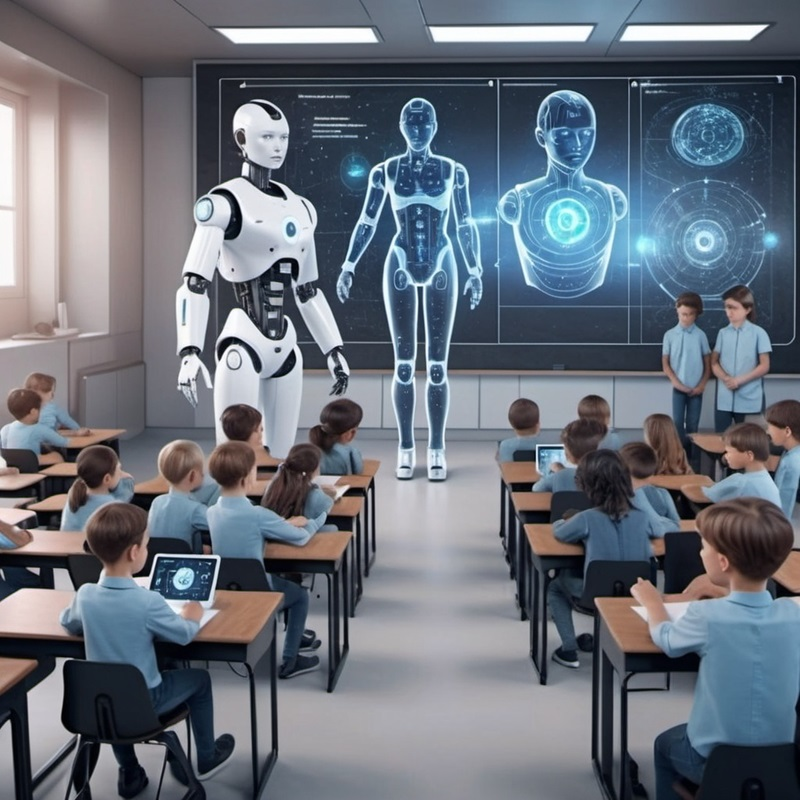 A futuristic classroom where students learn alongside a humanoid robot with digital holograms displaying robot schematics