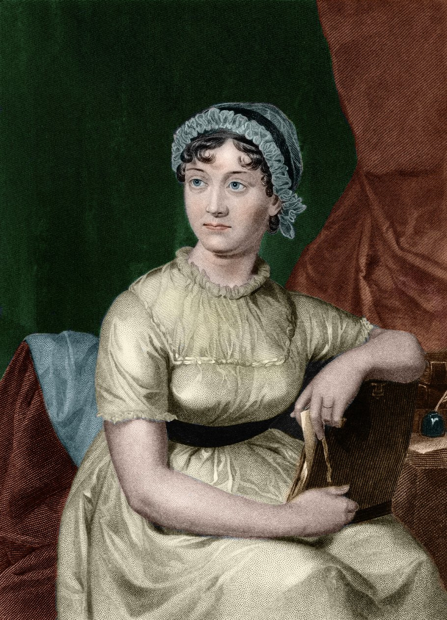 Engraving portrait of Jane Austen, English novelist and key figure in English literature, depicted in Regency-era attire holding a book