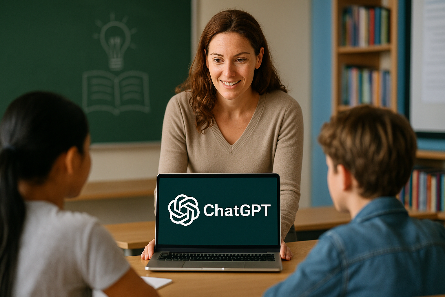 Teacher showing ChatGPT on a laptop to students in a modern classroom setting