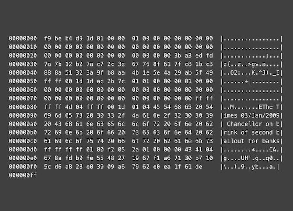 Hexadecimal and ASCII representation of Bitcoin's genesis block containing the embedded message referencing a 2009 newspaper headline.