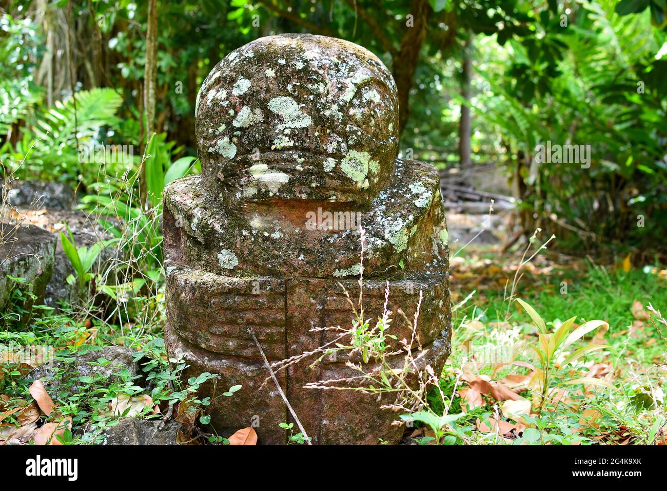 Weathered stone tiki statue in lush tropical surroundings on Nuku Hiva Island, Marquesas Islands, French Polynesia