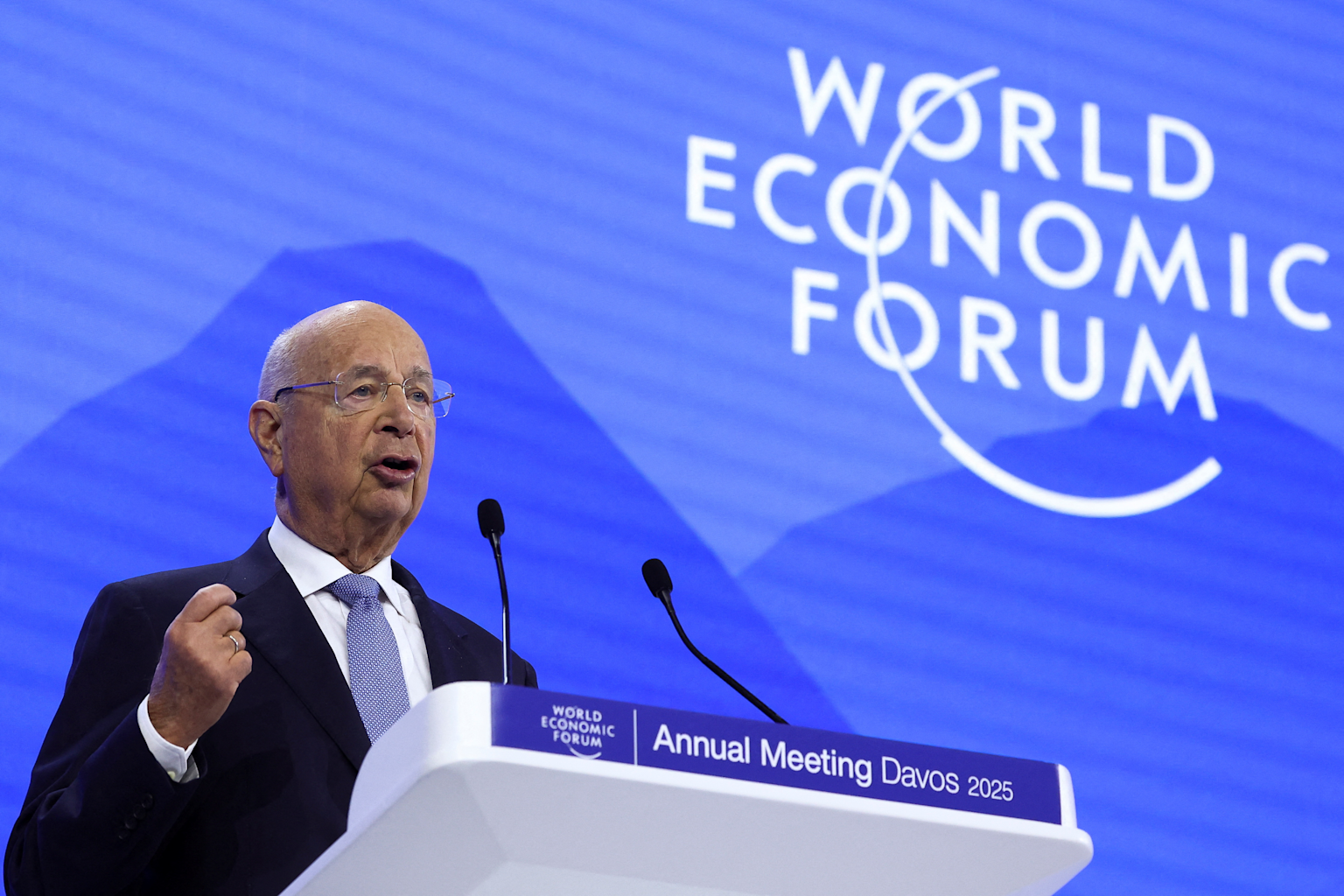 Speaker at the World Economic Forum Annual Meeting Davos 2025 addressing attendees from the podium