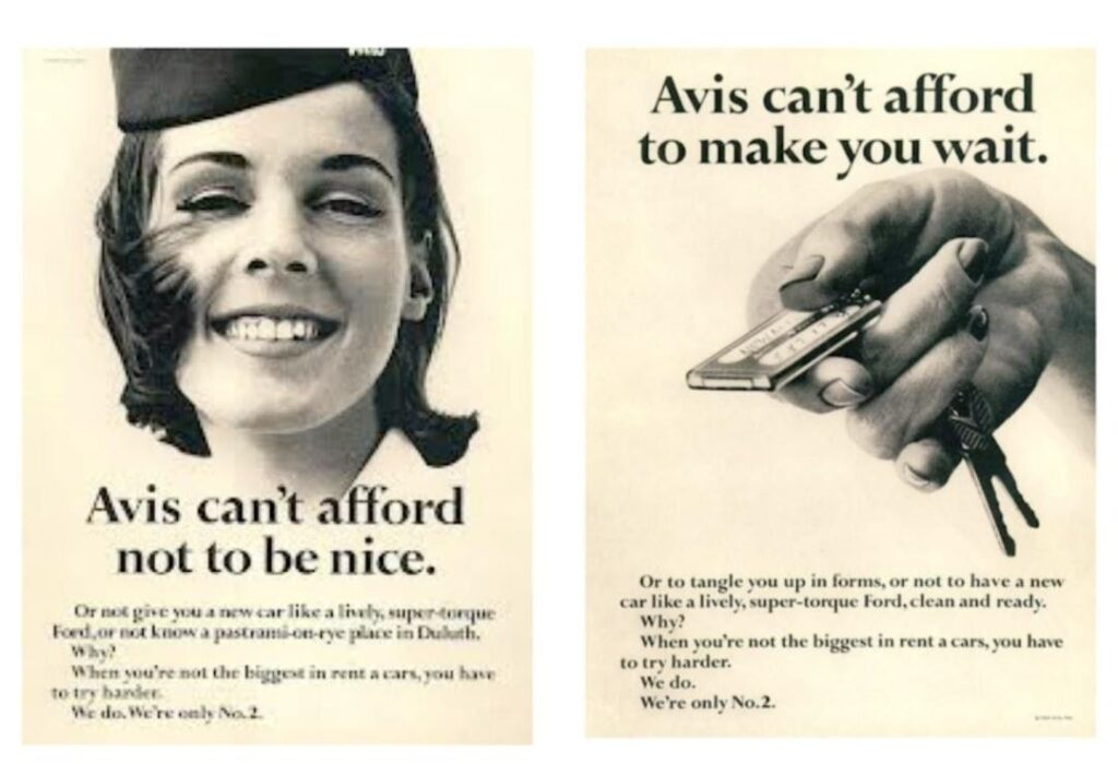 Vintage Avis 'We try harder' print ads emphasizing honest brand messaging and superior customer service as a number two market player