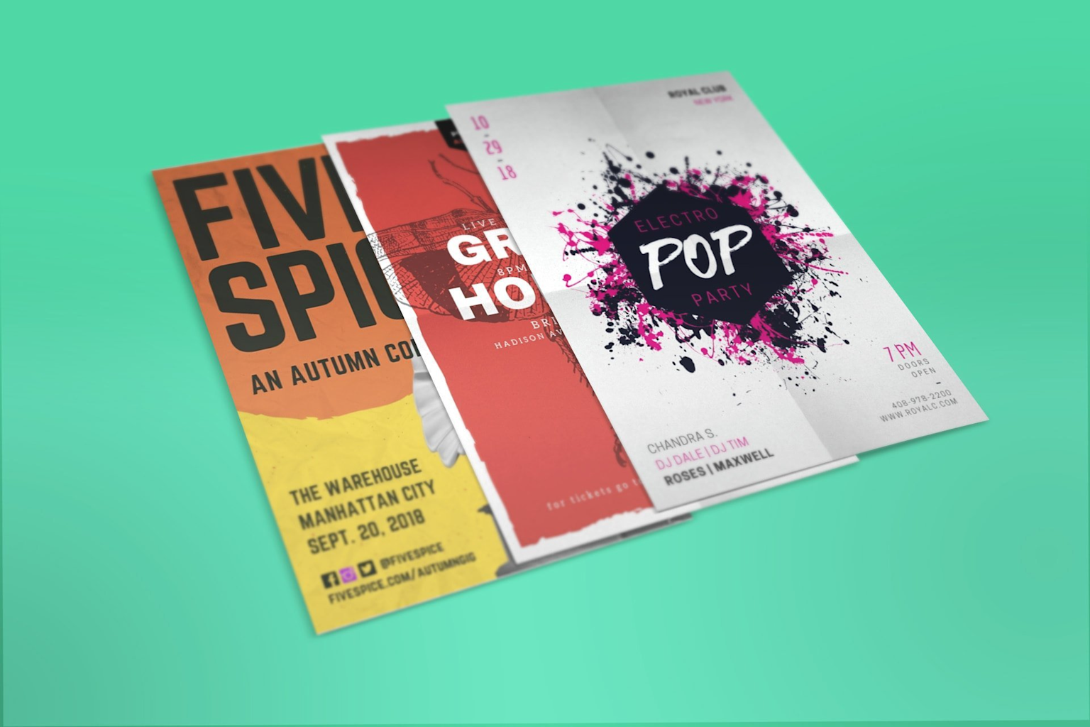 Three bold and colorful flyers showcasing eye-catching design and simple messaging techniques.
