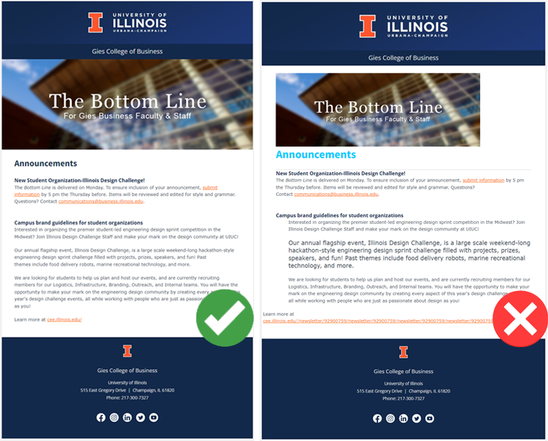 Comparison of two email newsletter designs showing an optimized layout with clear text and links versus a cluttered design with excessive blue links.