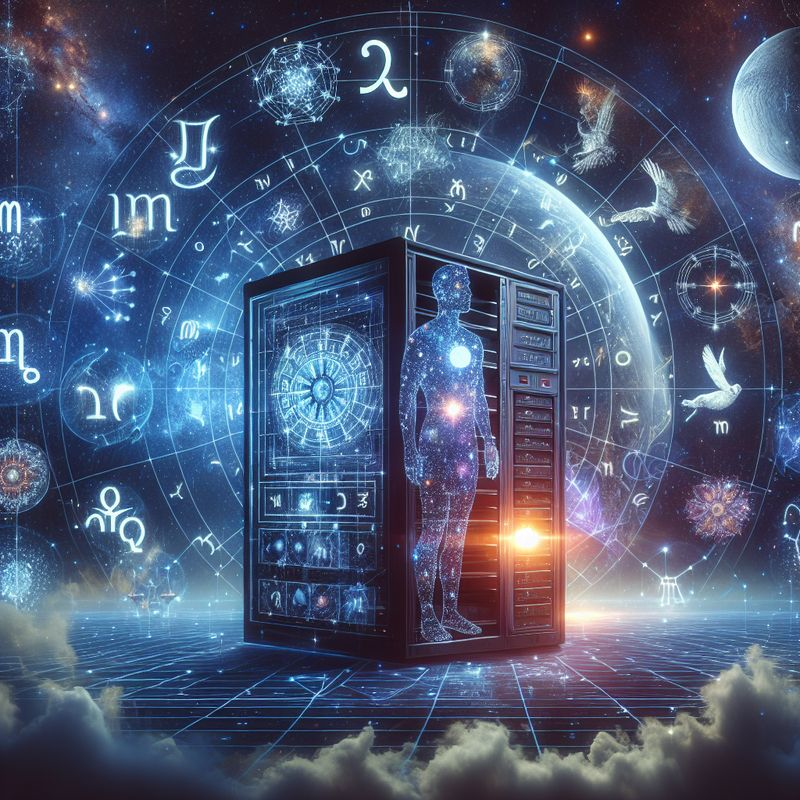 Futuristic fusion of astrology and AI depicted by a human figure inside a supercomputer surrounded by zodiac constellations and cosmic elements
